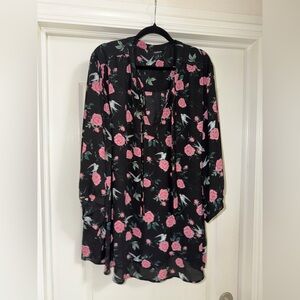 Torrid Black Blouse with Pink Floral and Bird Design